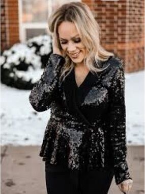 VENUS Black Sequin Peplum Wrap Blouse